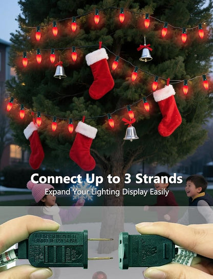 25Ft Red Chritsmas Lights Outdoor, C7 Vintage String Lights with 27 Red Baked Incandescent Bulbs, Hanging Patio Lights for Porch Roofline Christmas Tree Garden Pathway Indoor Decor