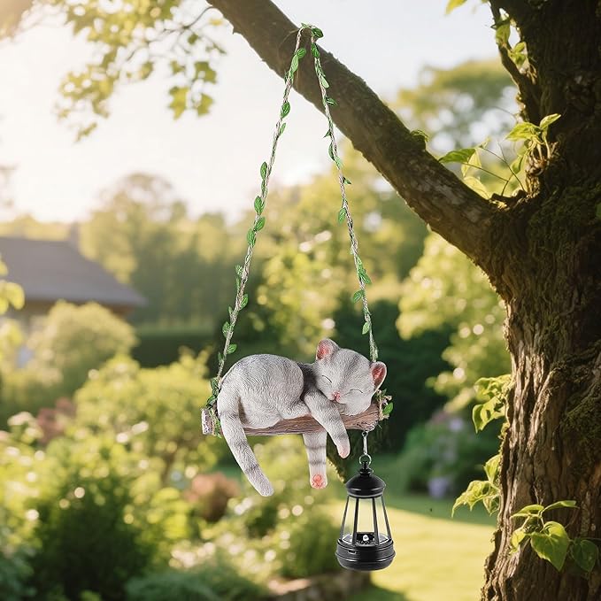 Solar Lighted Garden Outdoor Statue, 22.6" H Hanging Swing Lying with A Sleeping Cat and A LED Lantern, Resin | Lumora