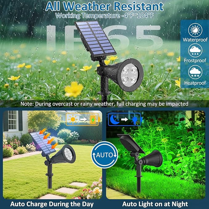 T-SUNUS Green Solar Lights Outdoor Christmas, IP65 Waterproof Garden Spotlights Auto On/Off Security Landscape | Lumora