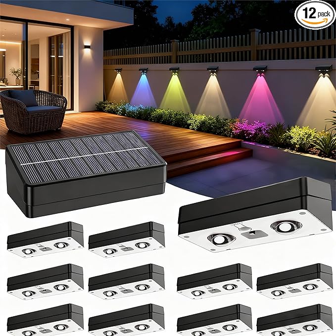 Solar Fence Lights Outdoor Waterproof LED,12 Pack RGB Fence Solar Lights, 12 Modes Color Changing Outside Lightings Decor for Wall Railing Patio Deck Backyard Garden Pool