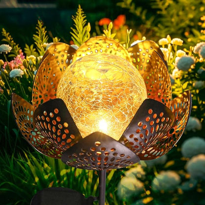 Bshine Lotus Solar Light Outdoor, Waterproof Crack Glass Globes LED Lotus Flower Metal Stake Valentine's Day Outdoor Decor Yard, Courtyard, Path, Art Lawn Ornaments, Gift for Mom Housewarming, Yellow