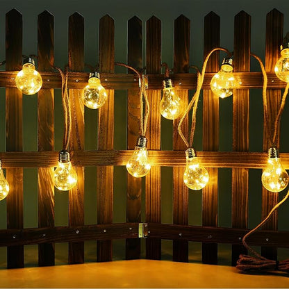 Vintage Solar String Lights - 10Ft Hemp Rope with 10 Amber LED Bulbs, Waterproof Shatterproof Outdoor Lights for Patio, Garden, Wedding & Party Decor (Warm White)