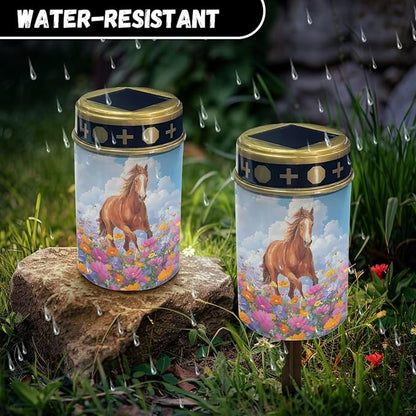 ZOUTAIRONG Solar Light for Cemetery Grave Garden Lights Flower Horse Pattern Solar Powered Pathway Lights Outdoor Cemetery Lamp-1 Pack