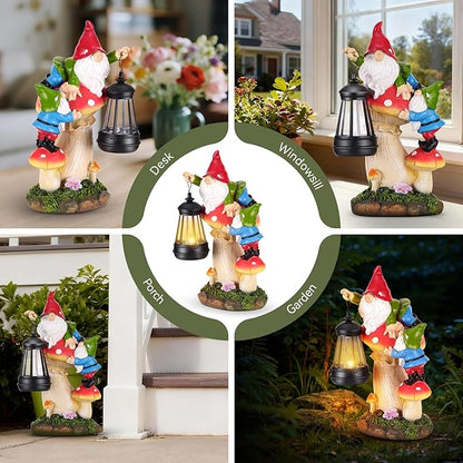 Garden Gnomes Outdoor Statues with Light, Spring Gnomes Decorations for Yard, Solar Garden Gnome Climbing on Mushroom, Lawn Ornaments for Patio, Balcony Housewarming- Unique Women Gifts