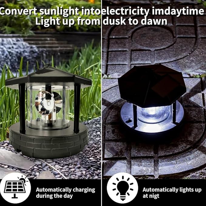 Solar Powered Rotating Lighthouse 360 Degree Rotating Lamp with High Brightness Eco-Friendly LED Lights Waterproof Statue for Garden, Yard, Outdoor Deco, Black