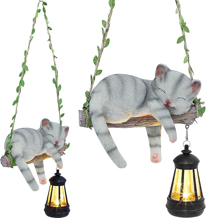 Solar Lighted Garden Outdoor Statue, 22.6" H Hanging Swing Lying with A Sleeping Cat and A LED Lantern, Resin | Lumora
