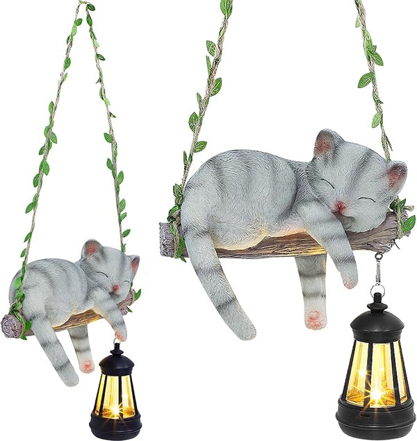 Solar Lighted Garden Outdoor Statue, 22.6" H Hanging Swing Lying with A Sleeping Cat and A LED Lantern, Resin | Lumora