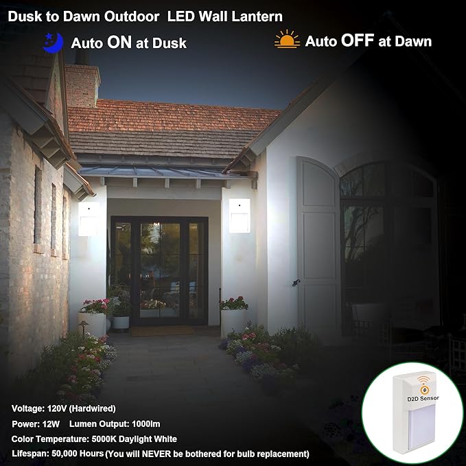 LIT-PaTH Dusk to Dawn Outdoor Wall Lantern, LED Wall Sconce for Porch Lighting Fixture, 12W 1000 Lumens, Aluminum Housing Plus PC, 2-Pack, 5000K-White Finish