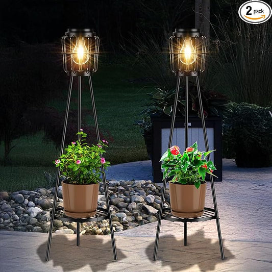 MXwcy 2 Pack Solar Lights Outdoor with Plant Stands, Solar Floor Lamp with LED Edison Bulbs for Garden Yard Pathway Driveway Front/Back Porch Decoration