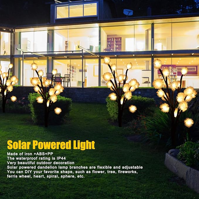 2 Pack Solar Garden Lights Outdoor, Water Proof 20LED Solar Powered Fairy Lights Dandelion Lamp Solar Lights Outdoor Decor for Outside Patio, Lawn, Garden, Yard (Warm Light)