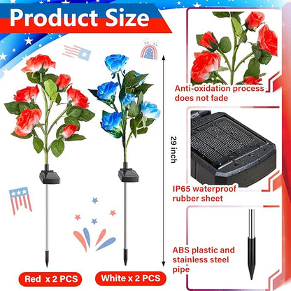 Woanger 4 Pcs Solar Flowers Cemetery Grave Decorations Outdoor LED Flower Lights with 6 Rose Powered Garden Stake Lights Waterproof for Independence Day 250 Anniversary USA Decorations(Red, Blue)