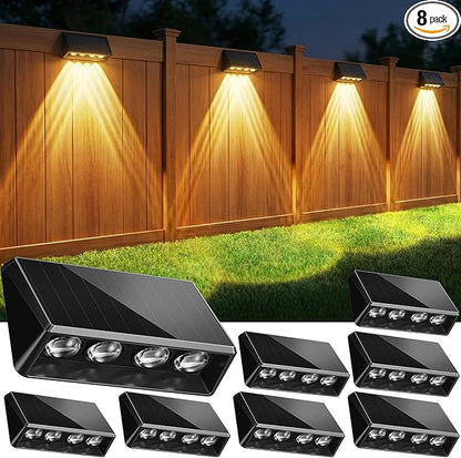 Solar Fence Lights Outdoor, Bigger & Brighter 4-LED Fence Lights Solar Powered with 3 Modes, IP65 Waterproof Solar Lights for Outside, Backyard, Patio, Yard, Railing, Wall, Pool - 8 Pack