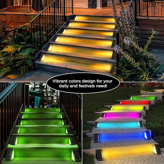 Solar Step Lights for Outside, 6 Pack Stair Lights Outdoor Waterproof with RGB & Warm White Mode, Auto ON/Off LED Step Lights Outdoor Solar Powered for Step Stair Patio Yard Porch Frontdoor