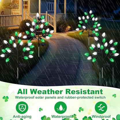 4 Pcs ST Patricks Day Solar Pathway Lights Outdoor Decorations 28" Irish Shamrock Stake Light Waterproof Yard 8 Modes 80 LEDs Green White Tree for Walkway Path Garden Patio Decor