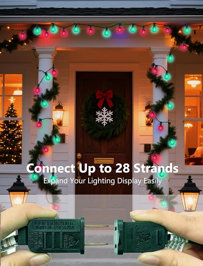 50FT G40 Christmas String Light Outdoor, Frosted Red and Green LED Christmas Lights with 27 Shatterproof LED Bulbs(2 Spare), Waterproof Patio Lights for Holiday Party Backyard Xmas Decor