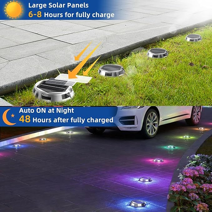 Sumaote Solar Driveway Lights Outdoor, 9 Color Modes LED RGB Dock Deck Lights IP67 Waterproof, Color Changing Security Markers for Garden Yard Pathway Step Ground, 4 Pack