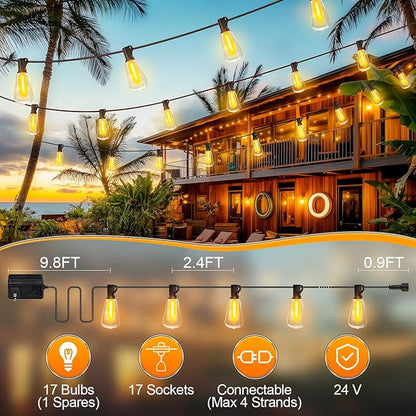 Outdoor String Led Patio Lights - 50Ft 15M Outside Waterproof Light ST38 Shatterproof Bulb Connectable Hanging Outdoor Electric Lighting for Backyard Yard Gazebo Porch Party