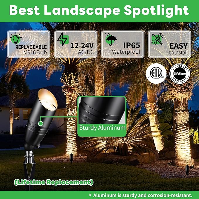 Black LED Outdoor Spotlights, Durable Low Voltage Landscape Lighting, Aluminum Waterproof Uplights for House | Lumora