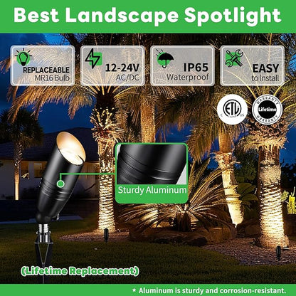 Black Outdoor Uplights, IP65 Modern Design LED Landscape Lighting, Low Voltage Aluminum Spot Light for Tree, Flag, Sign Without MR16 Bulb 10 Pack