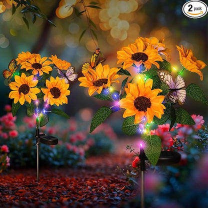 Sunflower Solar Lights Outdoor- 2 Pack Garden Lights Outdoor Waterproof with 10 Flowers and 4 Butterflies for Garden, Patio, Yard (Yellow)