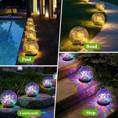 2 Pack Solar Path Lights Outdoor, Cracked Glass Globe with Light Control, IP67 Waterproof Solar Garden Lights, Warm Yellow & 4-Color LED Ball Lights for Yard, Patio, Lawn & Holiday Decor