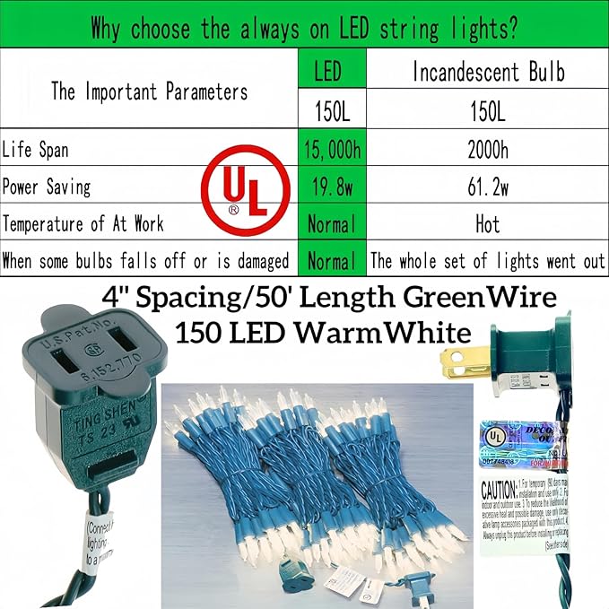 150 LED Warm White Christmas Lights, UL Certified 22# Green Wire 50 Ft, Commercial Grade Decorative Lighting | Lumora
