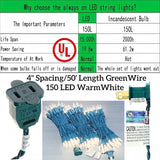 150 LED Warm White Christmas Lights, UL Certified 22# Green Wire 50 Ft, Commercial Grade Decorative Lighting | Lumora
