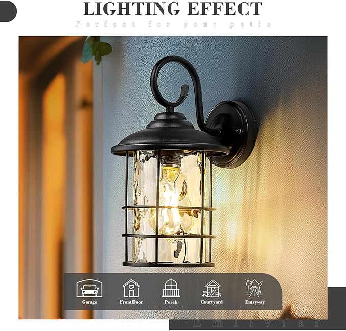 Emliviar 2 Pack Outdoor Black Wall Sconces with Water Ripple Glass, E26 Base, 12.5 Inch Front Door Vintage Wall Lighting for Entryway and Garden, 1803CW2-2PK-WG