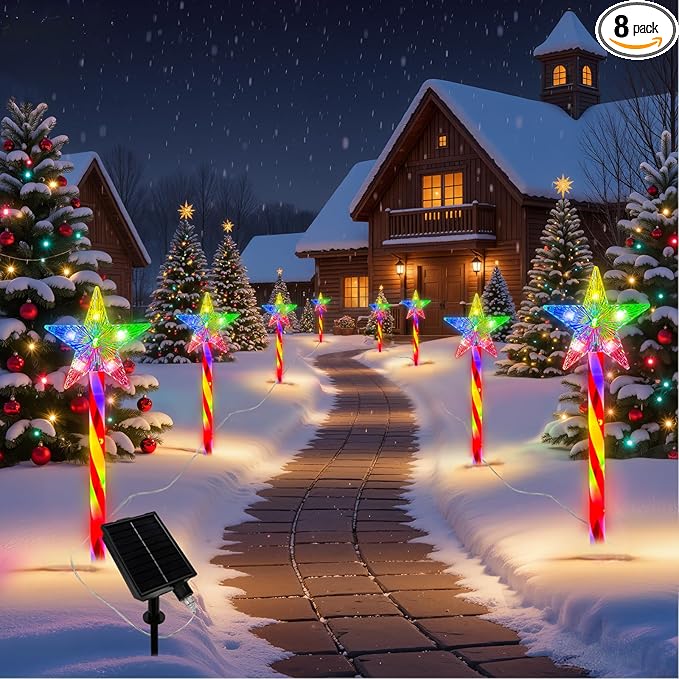 Outdoor Christmas Decorations Lights, 8 Pack RGB Solar Candy Star Path Lights with 8 Modes, Solar Christmas Lights Outdoor Waterproof, LED Xmas Outside Lights for Garden Path Yard Decor (Star)