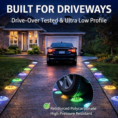 Solar Dock Lights, Color Changing 48 LEDs Super Bright Disc Driveway Light, Outdoor Waterproof Flat Low Profile, Anti-Trip&Anti-Slip for Marine, Ground, Pool, Pier, Deck (RGB-W, 8Pack)