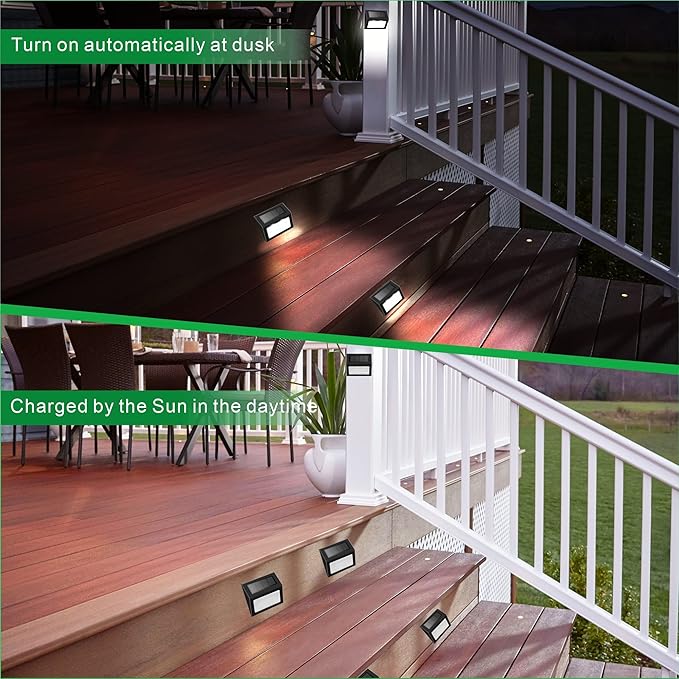 Solar Fence Lights Outdoor, Waterproof Deck Pathway Yard Lamp, Stainless Steel, 2 Pack, Black Metal case, White Light