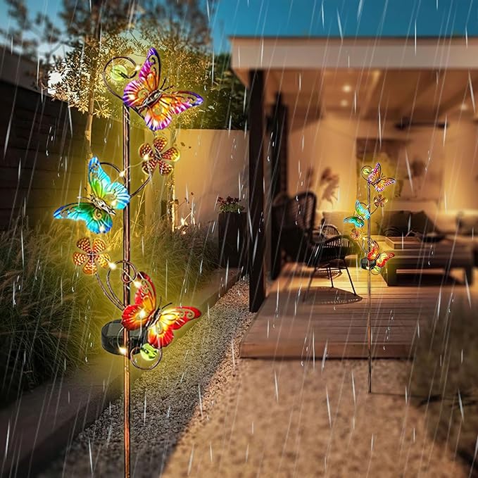 Solar Garden Lights, 2 Pack Butterfly Stake Lights Outdoor, Waterproof Solar Butterfly Decorative Landscape Lights for Pathway Backyard Patio Lawn Christmas Party Decor