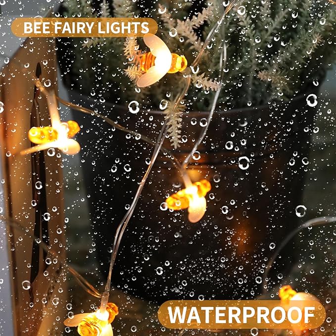 Vigdur 2 Pack Solar Bee String Lights Outdoor, 10 LED 3D Bee Fairy Lights, IP44 Waterproof Solar Powered for Windows, Fences, Patios, Christmas, Weddings & Party Decor (Warm White)