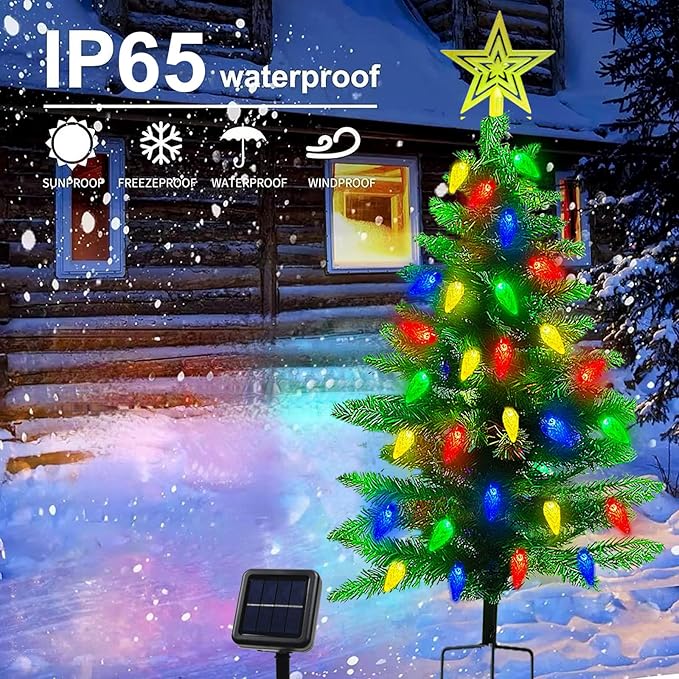 4FT Solar Christmas Tree Christmas Decorations Outdoor, 250 Branch Small Xmas Tree with 100 LED C6 Lights, Waterproof Solar Christmas Lights for Porch, Pathway, Yard, Cemetery, 1 Pack