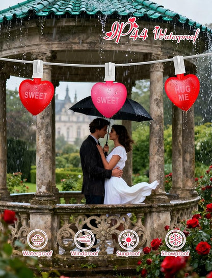 10.5ft Heart String Lights with 10 LED Red & Pink Hearts, Messages: KISS ME/Love. Connectable, Waterproof Valentine's/Bedroom/Wedding/Dorm/Patio Decor. Plug-in, No Batteries.