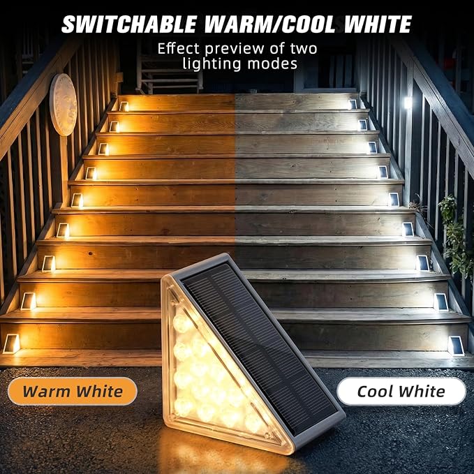 NIORSUN Solar Step Lights 16 Pack - Outdoor Stair Lights with 3000K Warm White & 6000K Cool Daylight, IP67 | Lumora