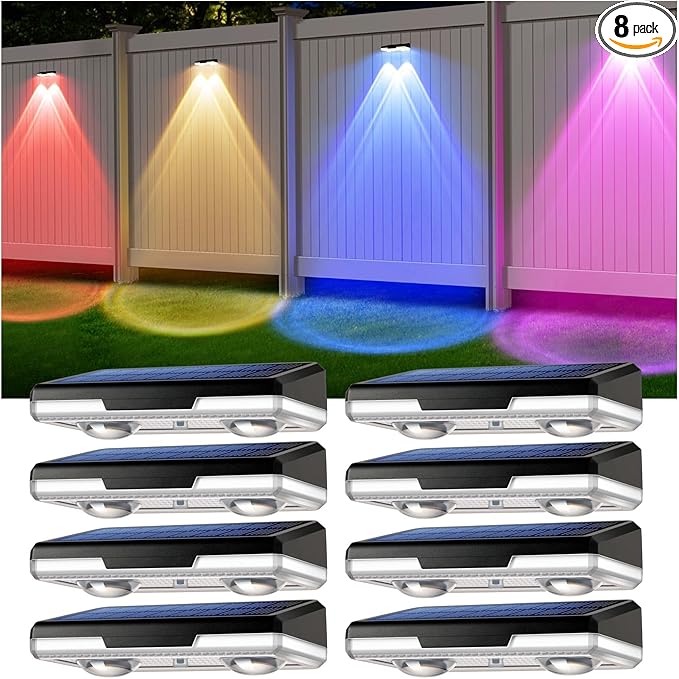 Solar Fence Lights Outdoor Waterproof Led, Fixed Colors/Color Changing/3000K, 50 Lumens Fence Lights Solar Powered for Wall/Patio/Outside/Post/Yard/Stair, Auto ON/Off Deck Lighting (8 Pack)