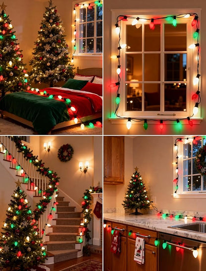 25Ft Red White and Green Christmas Lights,C7 Incandescent Christmas Lights with 27 White Red and Green Light Bulbs, Hanging Outdoor String Light for Tree Patio Wedding Party Decoration