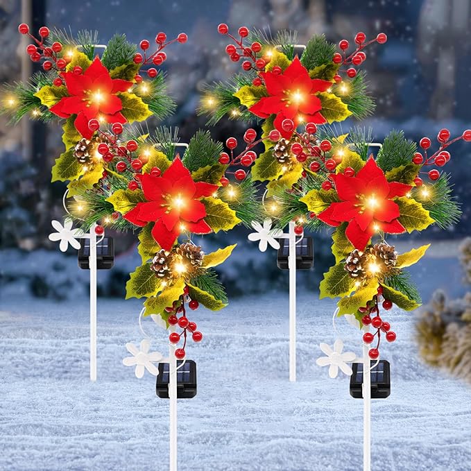 Solar Christmas Decorations Outdoor, 4 Pack 32 Inch Solar Christmas Cross Stake Lights, Waterproof Grave Decorations with Poinsettia Flower Pinecones Red Berries for Garden Yard Patio Lawn Cemetery
