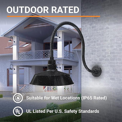 14in. Satin Black Outdoor Gooseneck Barn Light Fixture With 24in. Long Extension Arm - Wall Sconce Farmhouse, Antique Style - UL Listed - 9W 900lm A19 LED Bulb (5000K Cool White) - 2-Pack