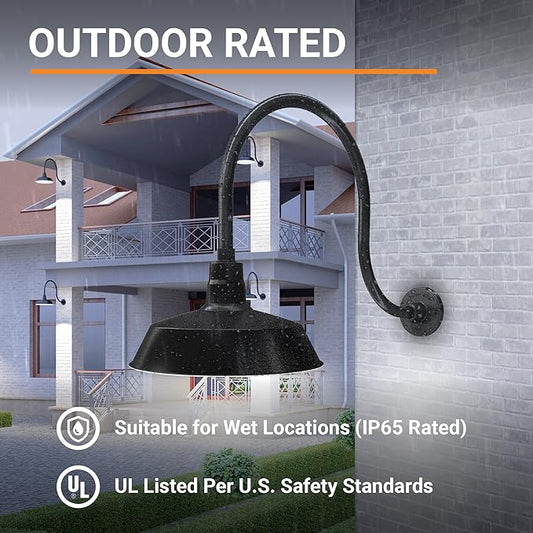 14in. Satin Black Outdoor Gooseneck Barn Light Fixture With 24in. Long Extension Arm - Wall Sconce Farmhouse, Antique Style - UL Listed - 9W 900lm A19 LED Bulb (5000K Cool White) - 2-Pack