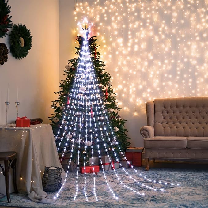 Christmas Decorations Star String Lights, 344 LED Waterfall Tree Lights with 11" Topper Iron Star Christmas Lights Indoor Outdoor Decorative for Wedding Party Home Holiday Decor (Pure White)