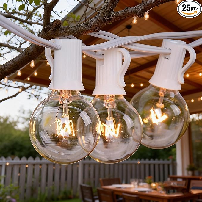 Abeja 25FT Outdoor White String Lights, G40 Globe Patio Lights with 27 Clear G40 Bulbs, Waterproof Hanging Outdoor Light for Backyard Porch Balcony Party Decor - White Wire