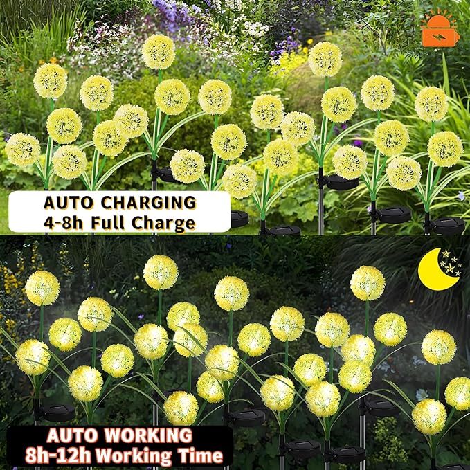 Solar Lights Outdoor Garden Decor: 2-Pack Upgraded Solar Dandelion LED Lights for Landscape Lighting - Waterproof Outdoor for Yards, Lawns, Paths, and Patios (2)