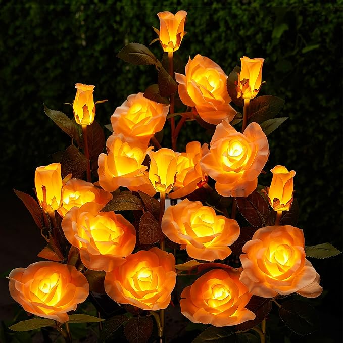 Brightown Outdoor Solar Flower Lights, 4 Pack Solar Garden Light with Larger & More Realistic Champagne Rose, Bigger Solar Panel, Waterproof Solar Lights Outdoor for Yard Garden Lawn Pathway Decor