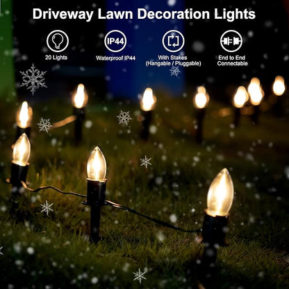 Christmas Pathway LED Lights Outdoor, 20 Lights C9 Walkway Lights with Stakes, 24.2ft Clear Driveway Christmas Lights for Pathway, Warm White, Extendable for Outdoor Decorations