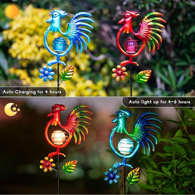 Rooster Solar Garden Lights, 2 Pack Metal Solar Stake Light, 27" H Outdoor Chicken Statues Figurine Lights for | Lumora