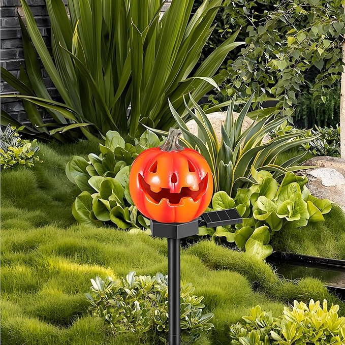 LIFKOME Halloween Solar Pumpkin Path Lights Outdoor Yard Solar Stake Lamp Resin Garden Decoration for Halloween Outdoor Landscape Lighting
