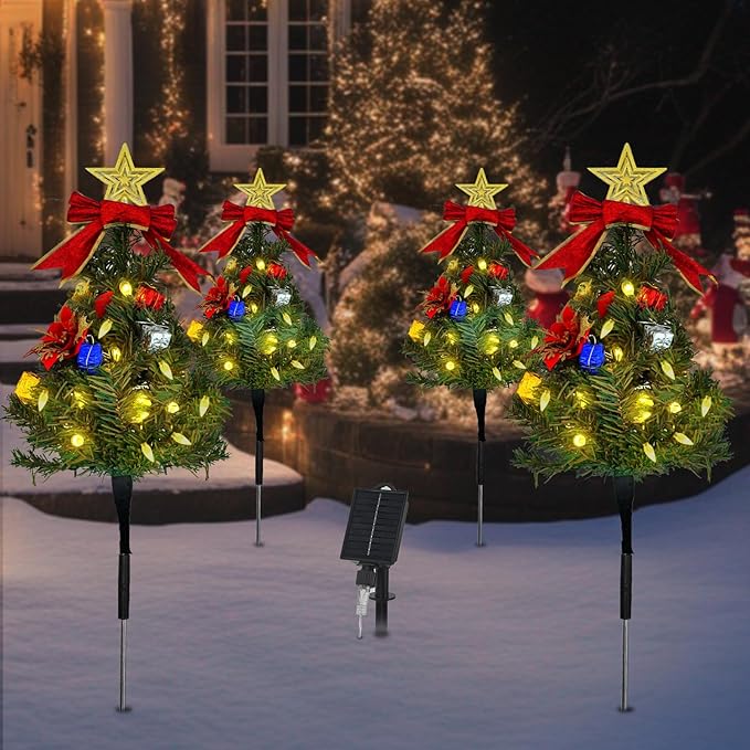 Solar Christmas Tree Pathway Lights Outdoor, Set of 4 Solar Christmas Tree Stake Lights, 80 Outdoor LEDs Xmas Decor, Christmas Decor DIY Xmas Tree Gift (Warm White)