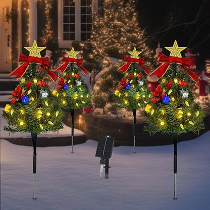 Solar Christmas Tree Pathway Lights Outdoor, Set of 4 Solar Christmas Tree Stake Lights, 80 Outdoor LEDs Xmas Decor, Christmas Decor DIY Xmas Tree Gift (Warm White)